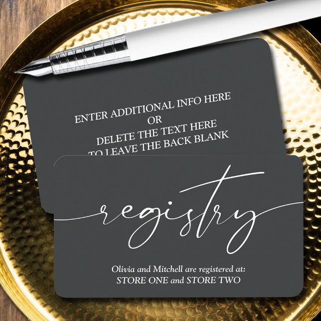 Simple Onyx Wedding Registry Begleitkarte (Simple handwritten script wedding registry enclosure cards - Off Black, more info on the back)