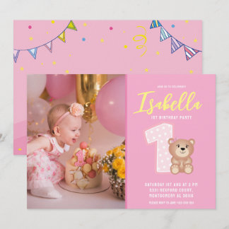 Simple Pink Baby Girl Erstes Geburtstags-Foto Einladung