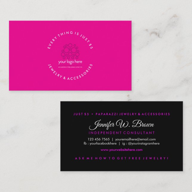 Simple Pink Black Jewelry Custom Logo Visitenkarte (Vorne/Hinten)