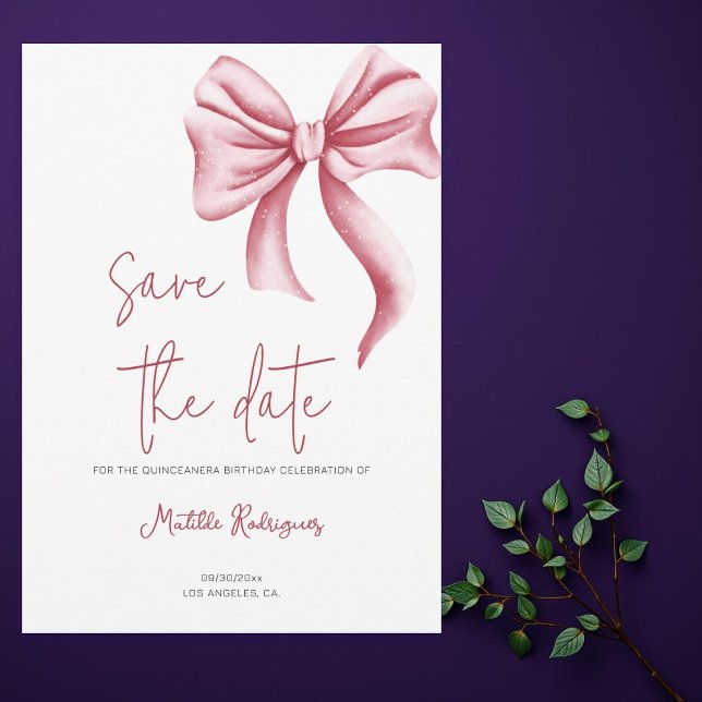 Simple Pink Bow Birthday Quinceañera Save The Date (Von Creator hochgeladen)