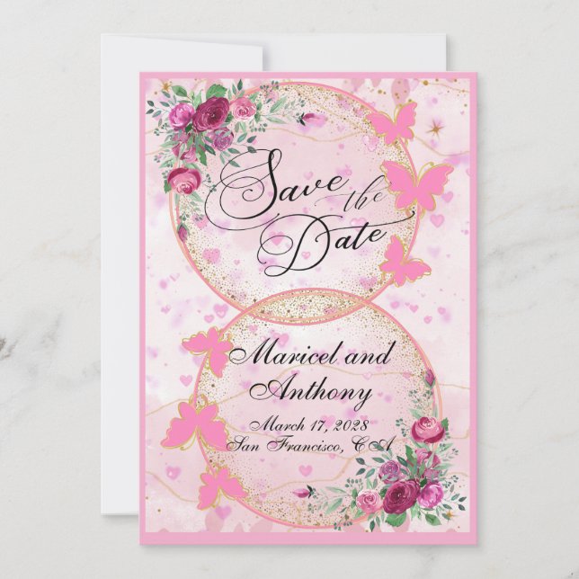 Simple Pink Butterflies theme Save the Date (Vorderseite)