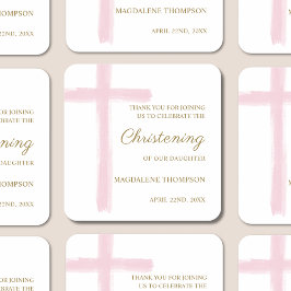 Simple Pink Cross Christening Baptism Thank You Quadratischer Aufkleber