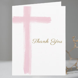 Simple Pink Cross First Holy Communion Folded  Dankeskarte