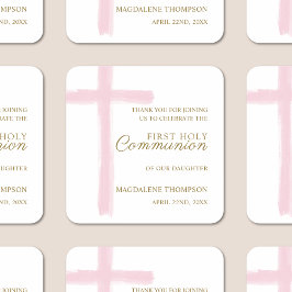 Simple Pink Cross First Holy Communion Thank You Quadratischer Aufkleber