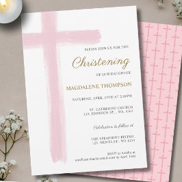 Simple Pink Cross Girl Christening Baptism Einladung