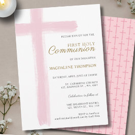 Simple Pink Cross Girl First Holy Communion Einladung