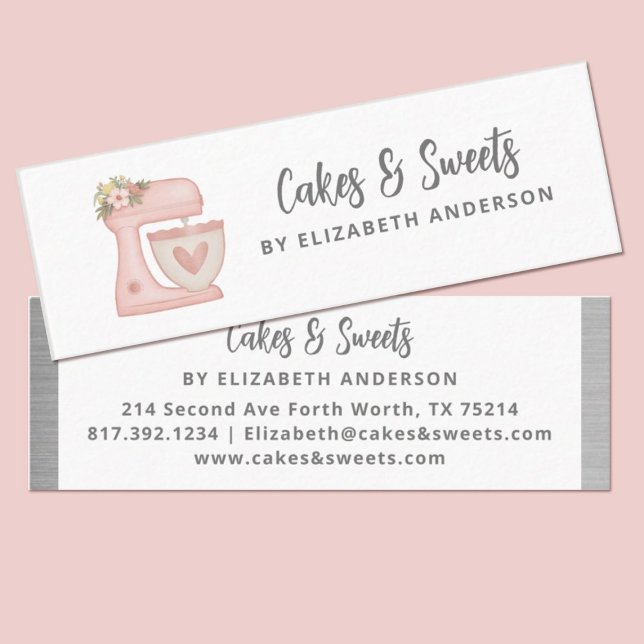 Simple Pink Floral Cake Mixer Bakery Mini Visitenkarte (Cute pink kitchen stand mixer thin bakery business cards. Personalize them with your information)