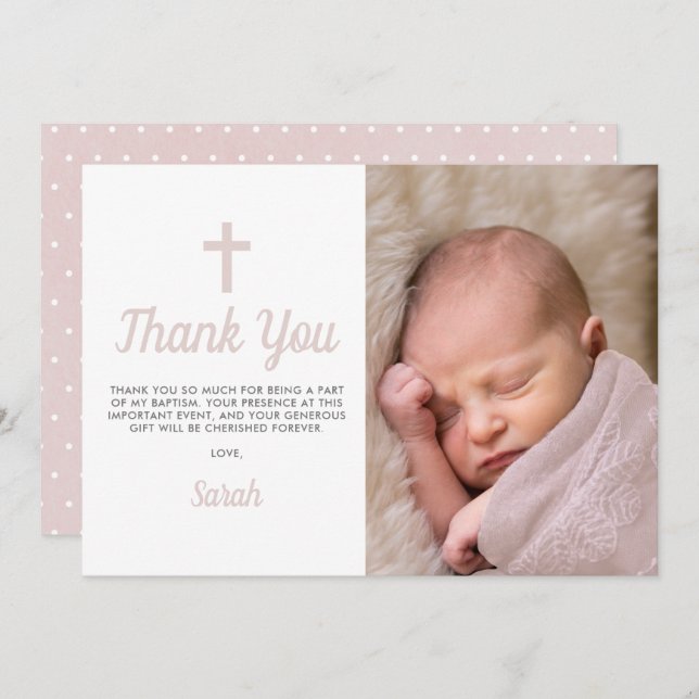Simple Pink Girl Baptism Christening Photo Dankeskarte (Vorne/Hinten)