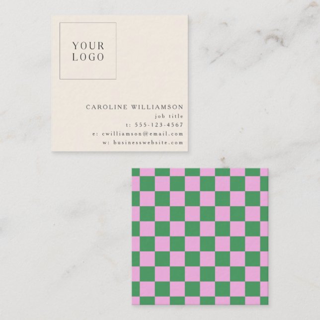 Simple Pink Green Checkerboard Your Logo Custom Quadratische Visitenkarte (Vorne/Hinten)
