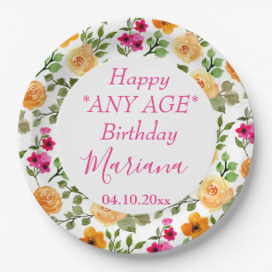 Simple Pink Orange Floral Geburtstagsparty Pappteller