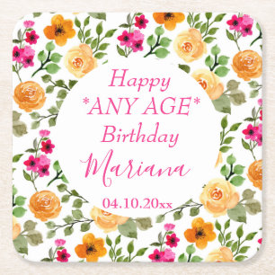 Simple Pink Orange Floral Geburtstagsparty Rechteckiger Pappuntersetzer