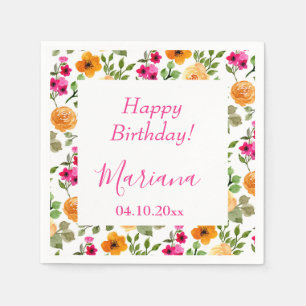 Simple Pink Orange Floral Geburtstagsparty Serviette