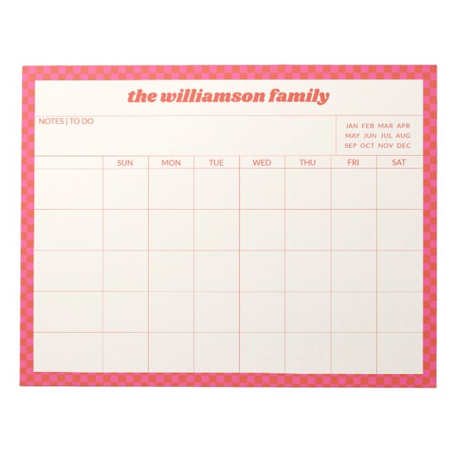 Simple Pink Red Checkered Family Planner Calendar  Notizblock (Vorderseite)