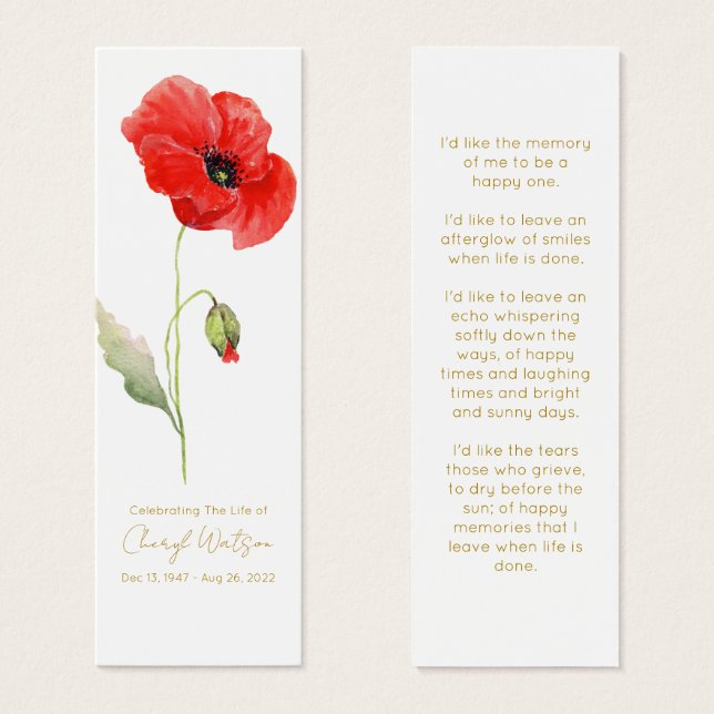 Simple Poppy Funeral Memorial Bookmark (Vorne & Hinten)
