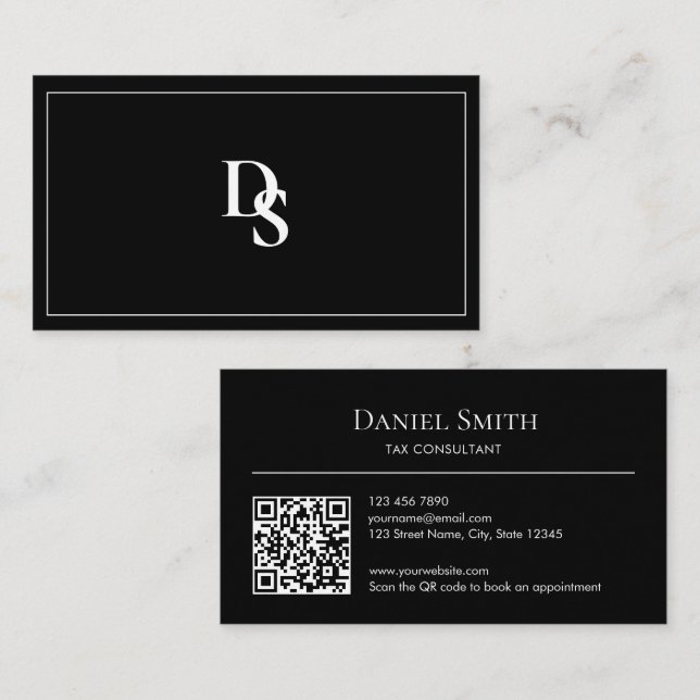 Simple Professional Black White Initials QR Code Visitenkarte (Vorne/Hinten)