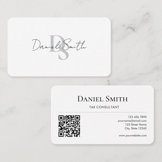 Simple Professional Monogram Initial QR code White Visitenkarte (Vorne/Hinten)
