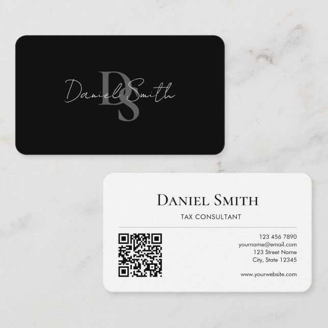 Simple Professional Monogram Initial QR code White Visitenkarte (Vorne/Hinten)