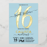 Simple Real Gold Pastel Blue Sweet 16 Geburtstag Folieneinladung<br><div class="desc">Diese einfache, mädchenhafte und elegante 16 . Geburtstag Geburtstagsfeier ist perfekt für den besonderen Tag Ihrer Tochter. Es enthält eine echte Goldfolie, "16", und der Name Ihrer Tochter, neben der Titelschrift Schrift Typografie auf einem pastellblauen Hintergrund. Es ist schick, minimal, hübsch, einzigartig und cool. ***WICHTIGE HINWEIS FÜR DESIGN: Bei jeder...</div>