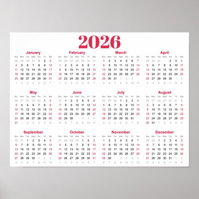 Simple red and White 2026 Calendar Poster (Vorne)
