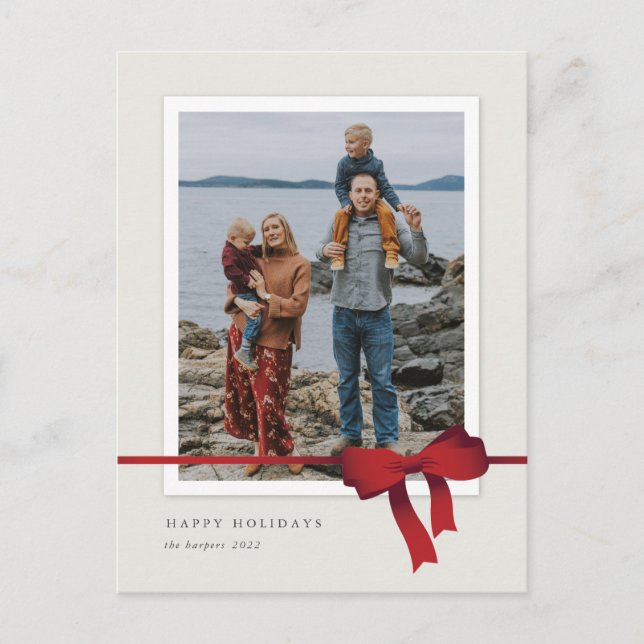 Simple Red Bow Foto Christmas Feiertagspostkarte (Vorderseite)