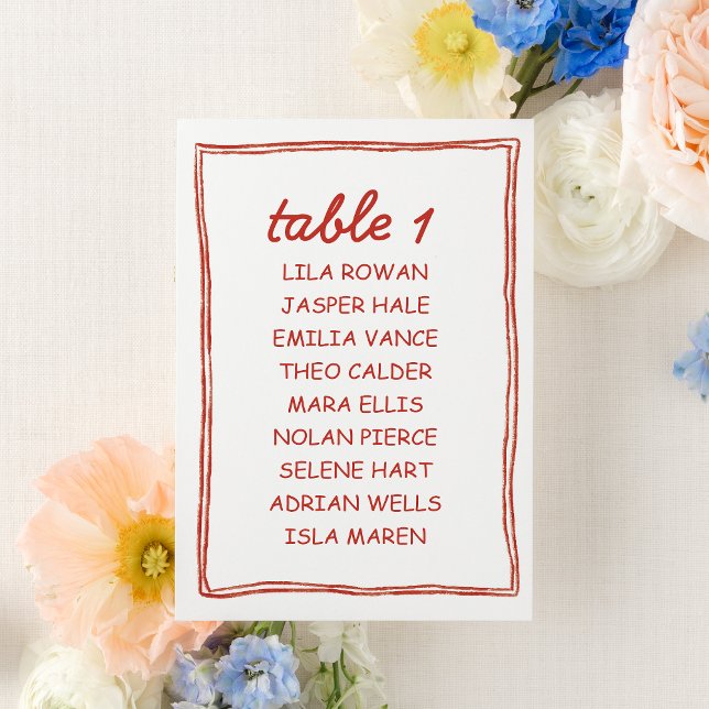 Simple Red Doodle Wedding Seating Chart Card Tischnummer (Von Creator hochgeladen)