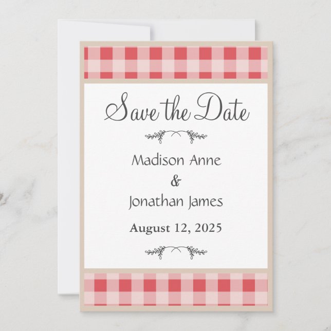 Simple Red Kariert Gingham Country Rustikal Save The Date (Vorderseite)