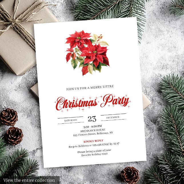 Simple Red Poinsettia Botanical Holiday Christmas  Einladung (Simple Red Poinsettia Botanical Holiday Christmas Invitation)