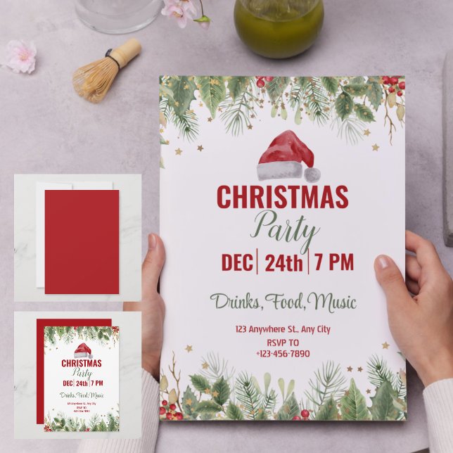 Simple Red Watercolor Floral Christmas Party Einladung (Simple Red Watercolor Floral Christmas Party Invitation)