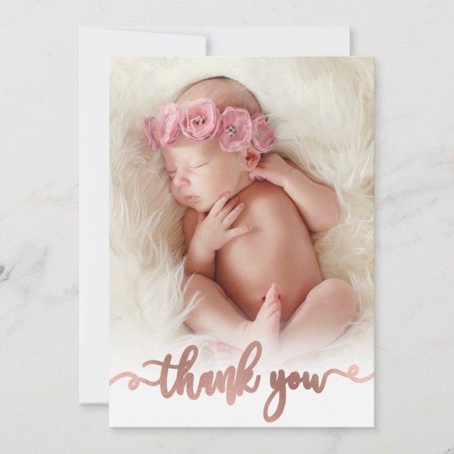 Simple Rose Gold Script Baby Foto Vielen Dank Dankeskarte (Vorderseite)