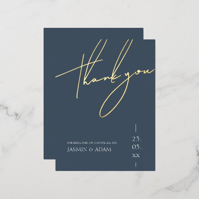 Simple Royal Blue Gold Script Wedding Vielen Dank Folie Einladungspostkarte (Vorderseite/Rückseite)