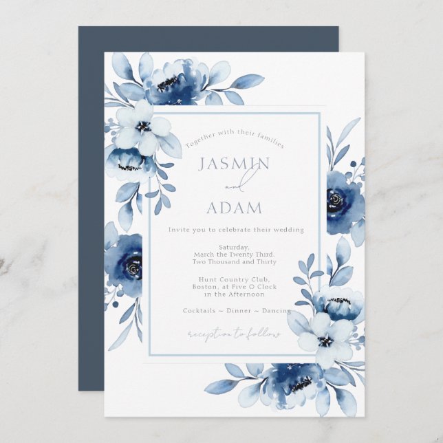 Simple Royal Blue Opulence Floral Wedding Einladung