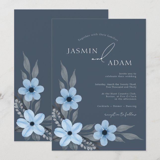 Simple Royal Blue Opulence Floral Wedding Einladung (Vorne/Hinten)