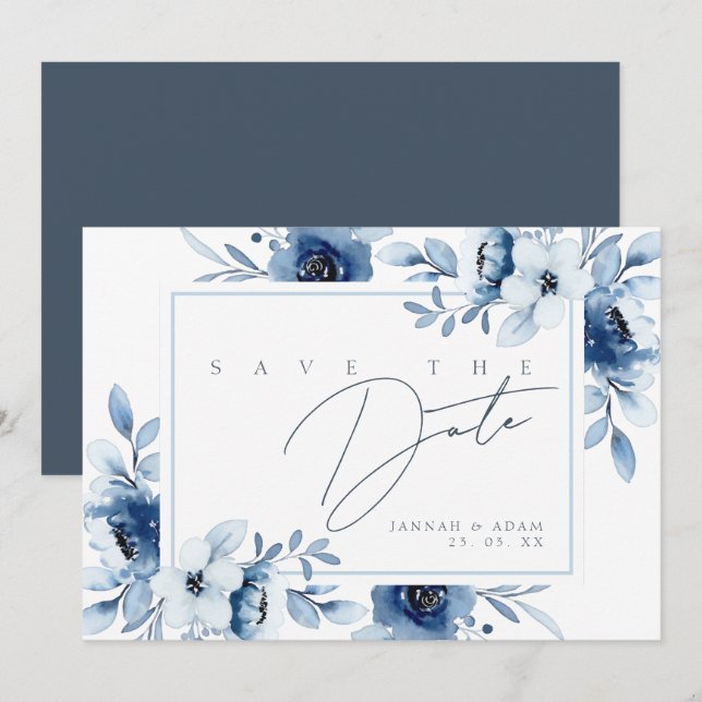 Simple Royal Blue Opulence Floral Wedding Save The Date (Vorne/Hinten)