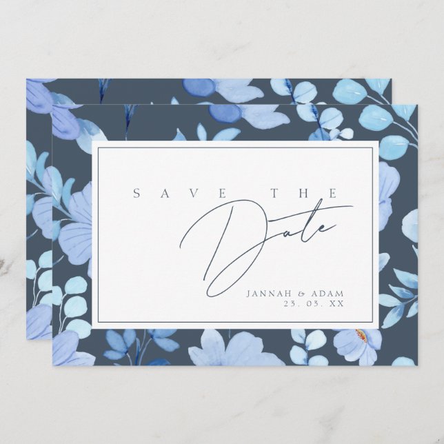 Simple Royal Blue Opulence Wildblumen Hochzeit Save The Date (Vorne/Hinten)