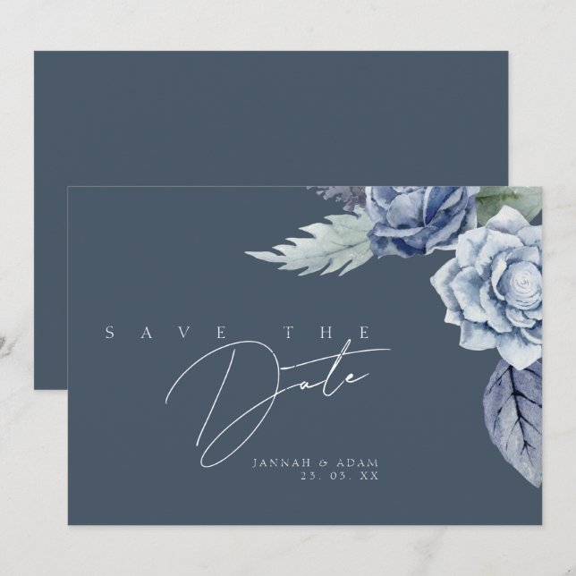 Simple Royal Blue Rose Floral Wedding Save The Date (Vorne/Hinten)