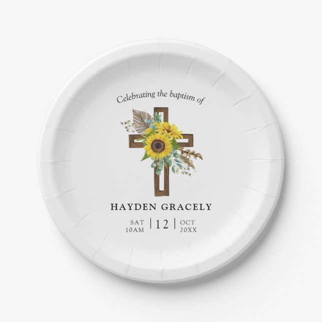 Simple Rustic Sunflower Wooden Cross Baptism Pappteller (Vorderseite)