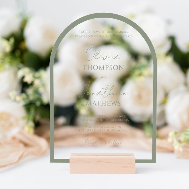 Simple Sage Green Border Script Wedding Arch Acryleinladungen (Von Creator hochgeladen)
