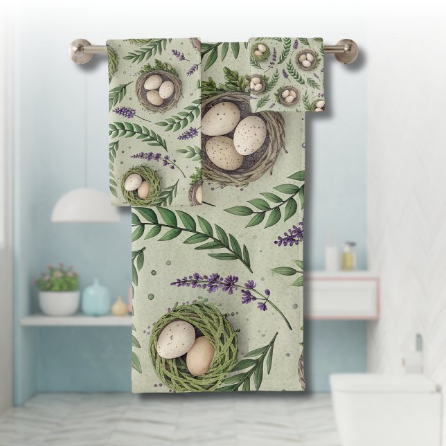Simple Sage Green Easter Eggs Lavender Nest Badhandtuch Set (Von Creator hochgeladen)