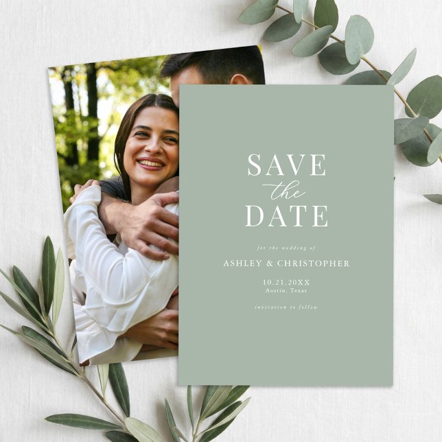 Simple Sage Green Elegant Photo Wedding Save The Date (Von Creator hochgeladen)