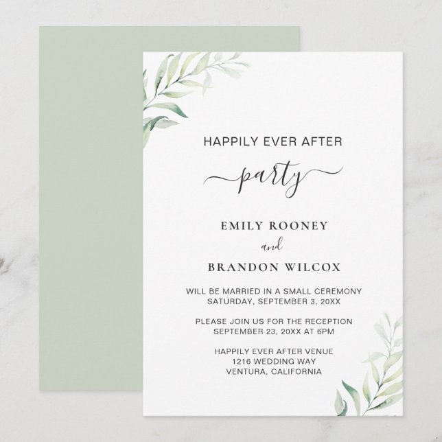 Simple Sage Greenery Elegante Wedding Empfang Einladung (Vorne/Hinten)