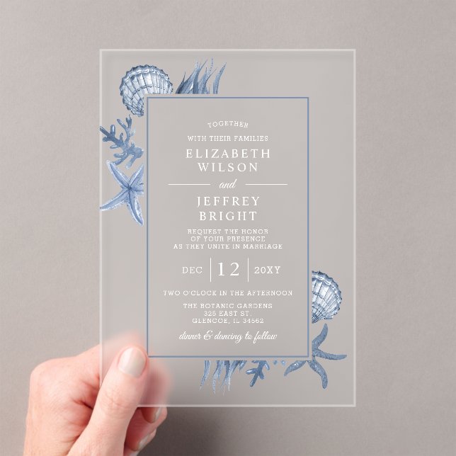 Simple Sandy Seashells Beach Wedding Acryleinladungen (Insitu (Handheld))