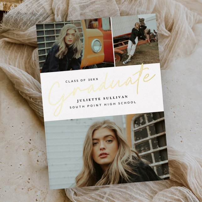 Simple Script 3 Foto Graduation Party Folieneinladung (Von Creator hochgeladen)