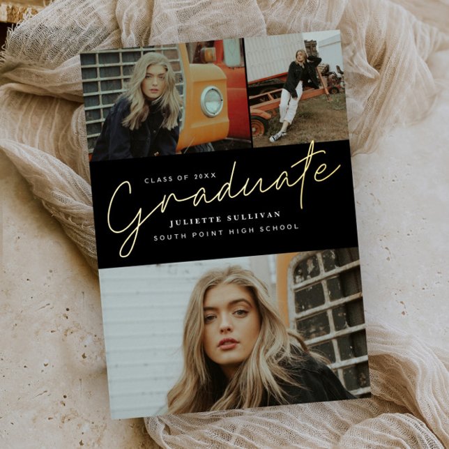 Simple Script 3 Foto Graduation Party Folieneinladung (Von Creator hochgeladen)