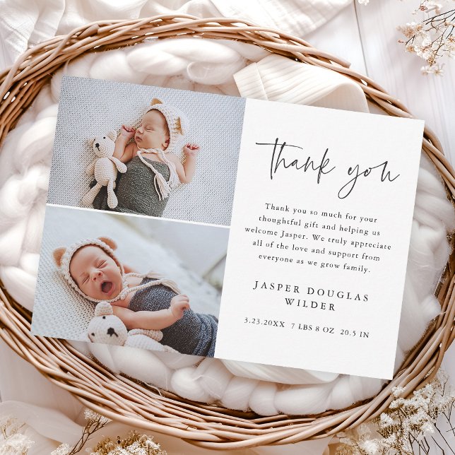 Simple Script Baby Photo Dankeskarte (Simple modern script 2 photo baby thank you cards.)