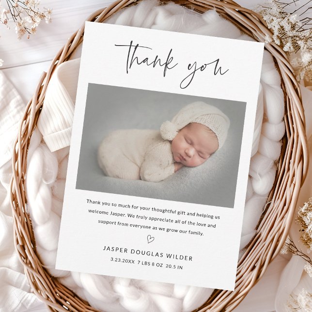 Simple Script Black and White Baby Photo Dankeskarte (Simple script black and white baby photo thank you card announcement.)