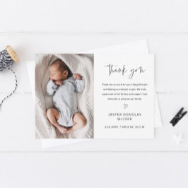 Simple Script Black and White Baby Photo Dankeskarte