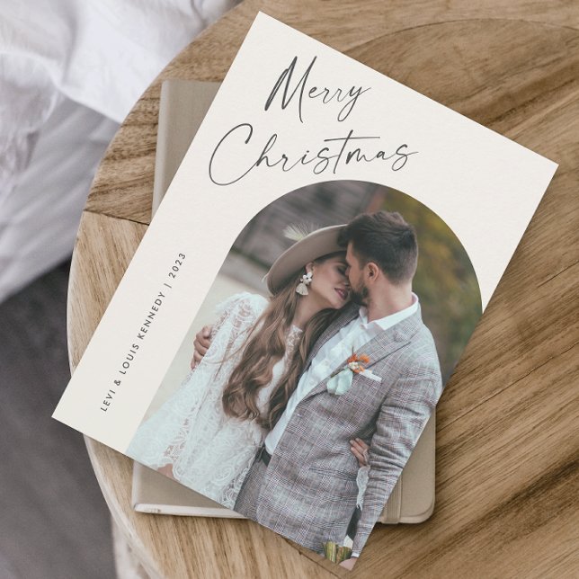 Simple Script Boho Arch Foto Christmas Magnet (Simple, modern script Merry Christmas boho arch photo magnetic Christmas card.)