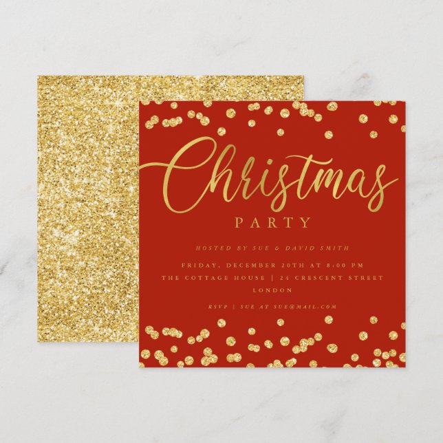 Simple Script Gold Red Confetti Weihnachts-Party Einladung (Vorne/Hinten)