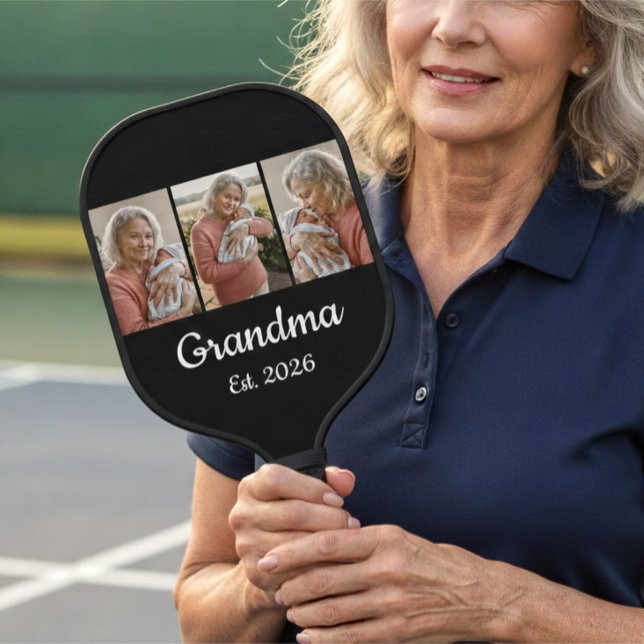 Simple Script Grandma Est. 3 Photo Year Pickleball Schläger (Von Creator hochgeladen)