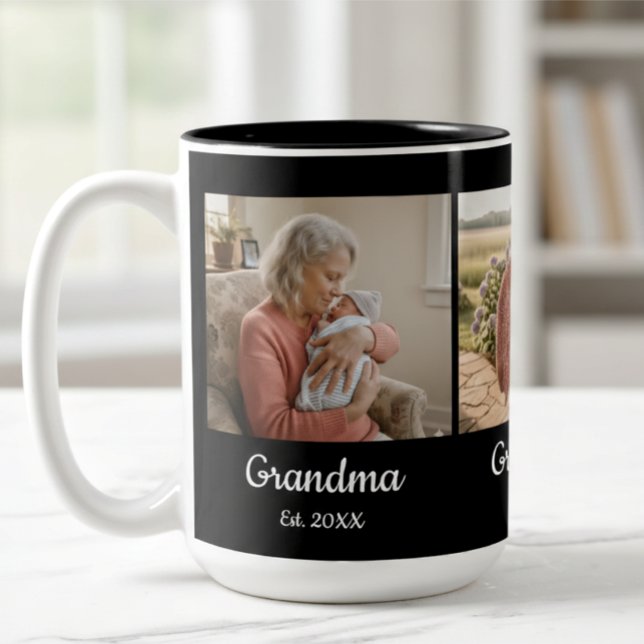 Simple Script Grandma Est. 3 Photo Year Zweifarbige Tasse (Von Creator hochgeladen)